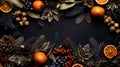 Christmas Eve and New Year concept. Top view of fresh and dried oranges, pine cones and branches, ashberry and juniper berry,