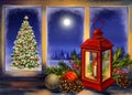 Christmas eve, Red vintage lantern with a burning candle with Christmas toys on wood texture background. Decorative Royalty Free Stock Photo