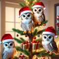 christmas eve several cute owls wearing santa hats stood on the beautiful christmas tree Royalty Free Stock Photo