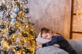 Christmas eve little girl waiting santa fir tree Royalty Free Stock Photo