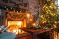 Christmas evening by candlelight. classic apartments with a white fireplace, decorated tree, sofa, large windows and Royalty Free Stock Photo