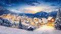 Christmas evening holiday mountain landscape with cute houses Royalty Free Stock Photo
