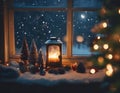 Christmas evening near the New Year tree and a cozy fireplace, in front of the window. Royalty Free Stock Photo