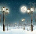 Christmas evening winter landscape with lampposts. Royalty Free Stock Photo