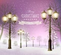 Christmas evening winter landscape with lampposts. Royalty Free Stock Photo