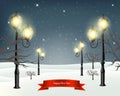 Christmas evening winter landscape with lampposts. Vector illustration Royalty Free Stock Photo