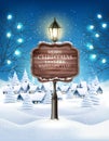 Christmas evening winter landscape with lampposts and a winter village with christmas trees. Vector Royalty Free Stock Photo