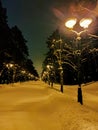 Christmas evening winter landscape with vintage lampposts Royalty Free Stock Photo