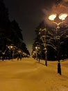 Christmas evening winter landscape with vintage lampposts Royalty Free Stock Photo