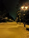 Christmas evening winter landscape with vintage lampposts Royalty Free Stock Photo