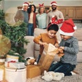 Christmas, excited and children opening gifts, looking at presents and boxes together. Smile, festive and kids ready to Royalty Free Stock Photo