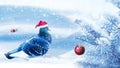 Christmas fabulous image. A dove in a santa claus hat decorates a Christmas tree in a winter magic forest. New Year card.