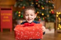 Christmas fabulous, little boy holding a big red box with a present from Santa