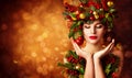 Christmas Face and Hands Skin Care, Woman Beauty Makeup, Art Wreath Hairstyle, Xmas Beautiful Portrait Royalty Free Stock Photo