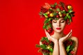 Christmas Face and Hands Skin Winter Care, Woman Makeup, Art Xmas Tree Wreath Hairstyle, Beautiful Portrait, Model looking down