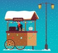 Christmas fair cart with drinks flat vector illustration. Xmas market vendor character selling coffee and mulled wine