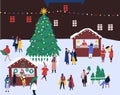 Christmas fair flat vector illustration. Winter holidays outdoor celebration. People buying hot drinks outside. New Year Royalty Free Stock Photo