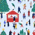 Christmas fair flat vector seamless pattern. Winter holidays festive backdrop. People buying hot drinks, fir trees