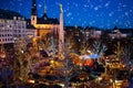 Christmas market. Winter fair with tree and lights. Royalty Free Stock Photo