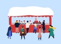 Christmas fair souvenir stall flat vector illustration. Winter season holidays festival. Children and adults buying Royalty Free Stock Photo