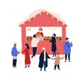 Christmas Fair Stall Flat Vector Illustration. Winter Season Holidays Festival. Children And Adults Buying Pastry