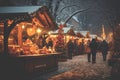 Christmas Fair with vintage lamps in charming old town square. Banner.