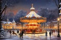 Christmas fairground carousel in Tsaritsyno park, merry Christmas scene filled with snow covered trees and a towering tree of