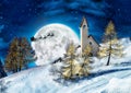 Christmas fairy tale landscape with snow, moon, illuminated trees, Santa Claus Sleigh and reindeer Royalty Free Stock Photo