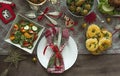 Christmas family dining table. Festive table. Table setting. Presents . New Year. View from above Royalty Free Stock Photo