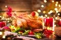 Christmas family dinner. Holiday decorated table with turkey Royalty Free Stock Photo