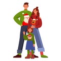 Christmas family holiday illustration with happy mother, father, daughter in x-mas funny sweaters.