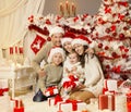 Christmas Family Portrait, Xmas Tree Presents Gifts, Holiday Celebration Royalty Free Stock Photo