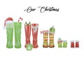 Christmas family print concept with watercolor wellies boots for five. Red and green rain boots xmas collection. Rubber boots