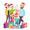 Christmas Family Vector. Celebrating. Mom, Dad, Children, Grandparents Together. In Santa Hats. Decoration Element