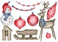Christmas farmhouse decorations. Rustic watercolor hand drawn winter decoration elements set
