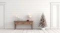 Christmas farmhouse entryway. Wooden console table near white wall. generative ai Royalty Free Stock Photo