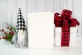 Christmas Farmhouse style product mockup with red plaid bow gift and gnomes.