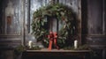 Christmas Farmhouse Wreath Decoration on wooden wall, door. Farmhouse Style Home Welcome Wreath for Happy Holidays