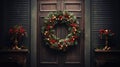 Christmas Farmhouse Wreath Decoration on wooden wall, door. Farmhouse Style Home Welcome Wreath for Happy Holidays