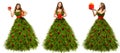 Christmas Fashion Woman with Gifts in Fir Tree Green Dress, Group of Beauty Models in Fantasy Xmas Holiday Gown Decorated with Royalty Free Stock Photo