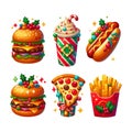 Fast Food of french fries, burger, hot dog, drink, pizza ?llustration with Christmas and New Year\'s elements on a white Royalty Free Stock Photo