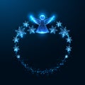 Christmas festive abstract wreath with glowing angel ornament silhouette and snowflakes on dark blue