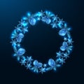 Christmas festive abstract wreath with glowing pine cones, snowflakes, fir branches on dark blue Royalty Free Stock Photo