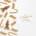 Christmas festive background with golden metallic xmas decorative elements and confetty. Shining serpentine, fir tree and candy r Royalty Free Stock Photo