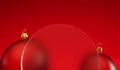 Christmas festive background. Red bauble decorations with a blank frosted glass banner. 3D Rendering Royalty Free Stock Photo