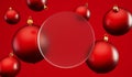Christmas festive background. Red bauble decorations with a blank frosted glass banner. 3D Rendering Royalty Free Stock Photo