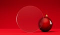 Christmas festive background. Red bauble decorations with a blank frosted glass banner. 3D Rendering Royalty Free Stock Photo