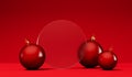 Christmas festive background. Red bauble decorations with a blank frosted glass banner. 3D Rendering Royalty Free Stock Photo