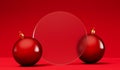 Christmas festive background. Red bauble decorations with a blank frosted glass banner. 3D Rendering Royalty Free Stock Photo