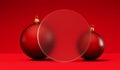 Christmas festive background. Red bauble decorations with a blank frosted glass banner. 3D Rendering Royalty Free Stock Photo